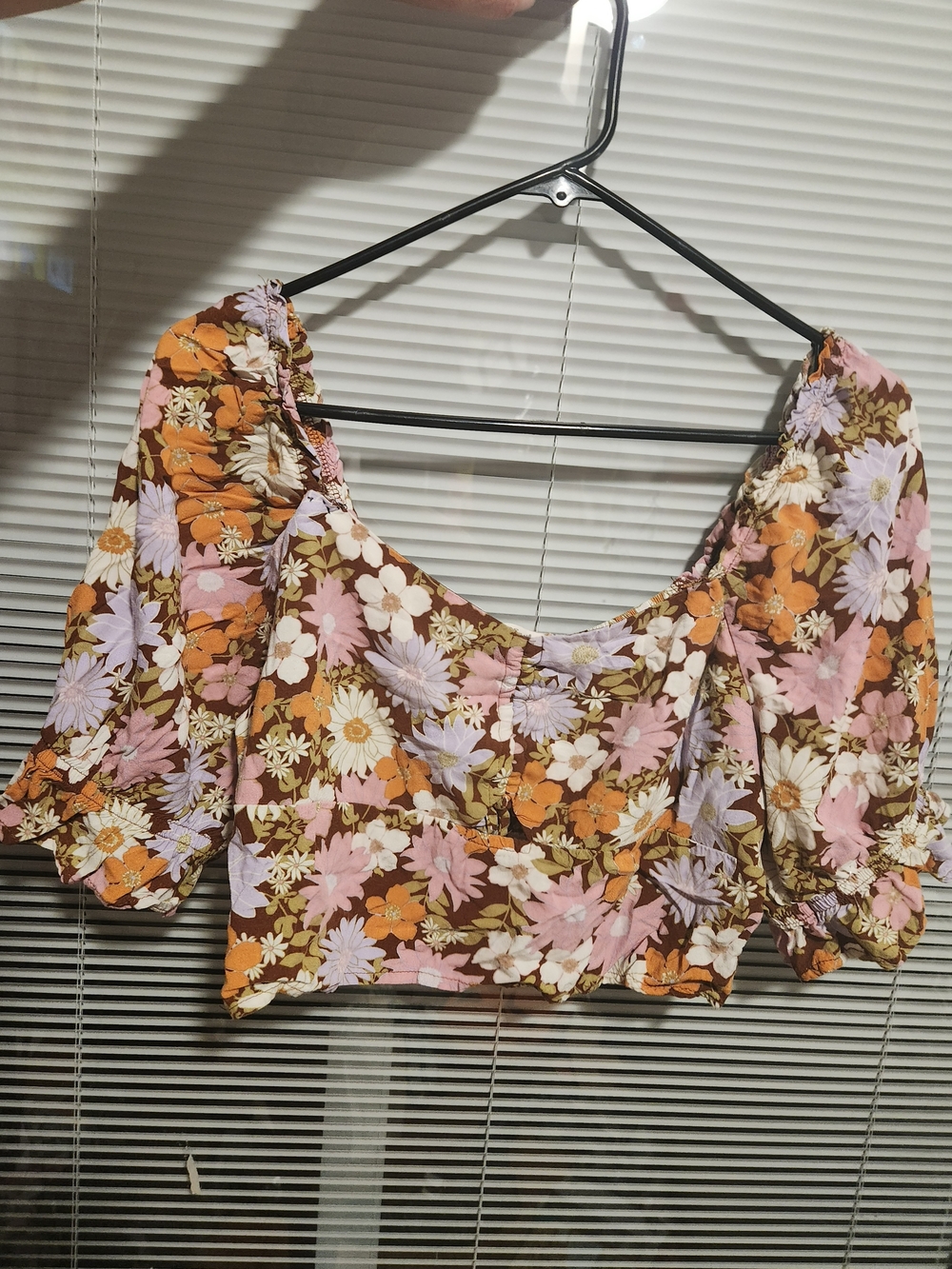 Floral Puff-Sleeve Crop Top — Pink, Orange & Brown
